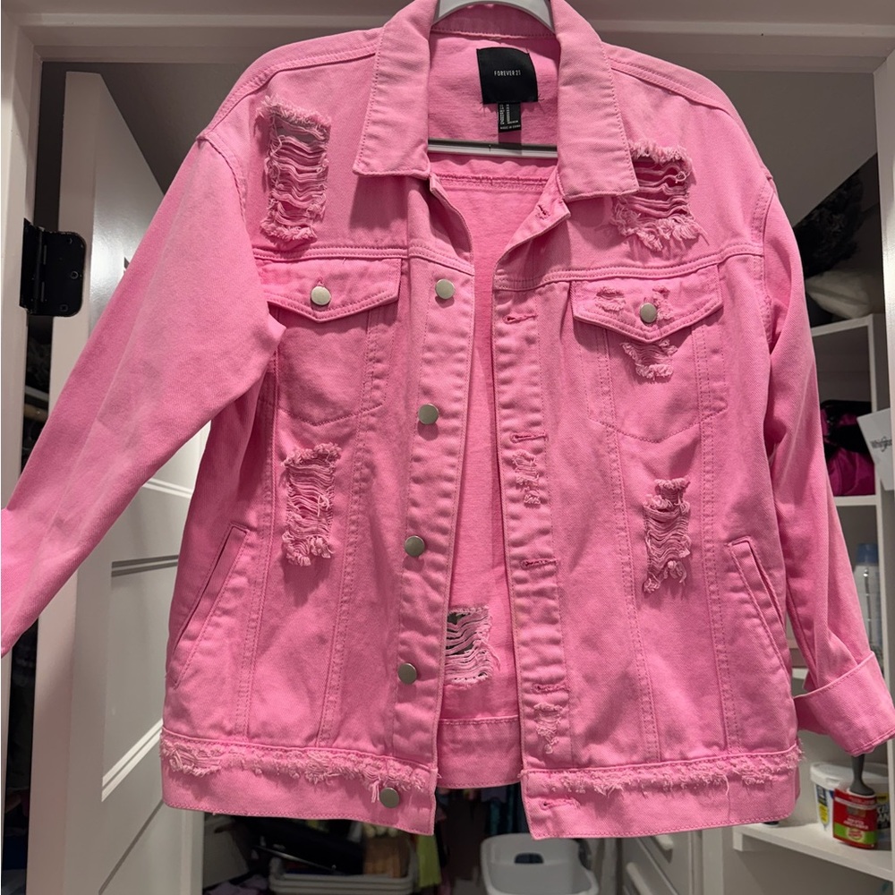 Forever 21 Pink Distressed Denim Jacket